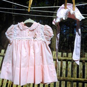 VTG Toddler Girls Petal Pink Cotton Party Dress & Bonnet Set 12-18M by CI Castro